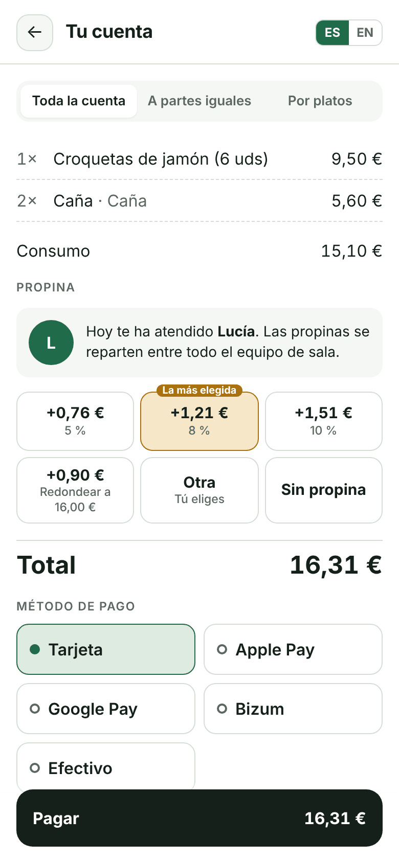 Pantalla de pago en el móvil del cliente, con propina sugerida